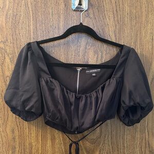 GUESS Black Puff-Sleeve Cropped Blouse with Tie